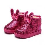 Botas de nieve con lentejuelas para niña, zapatos de algodón antideslizantes cálidos de felpa, zapatos de princesa con lazo a la