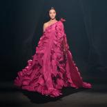 Fashion Ruffle Maxi Prom Gown Rose Red Satin Long Party Dresses For Women 2023 Evening Dresses Fuchsia One Shoulder Gala