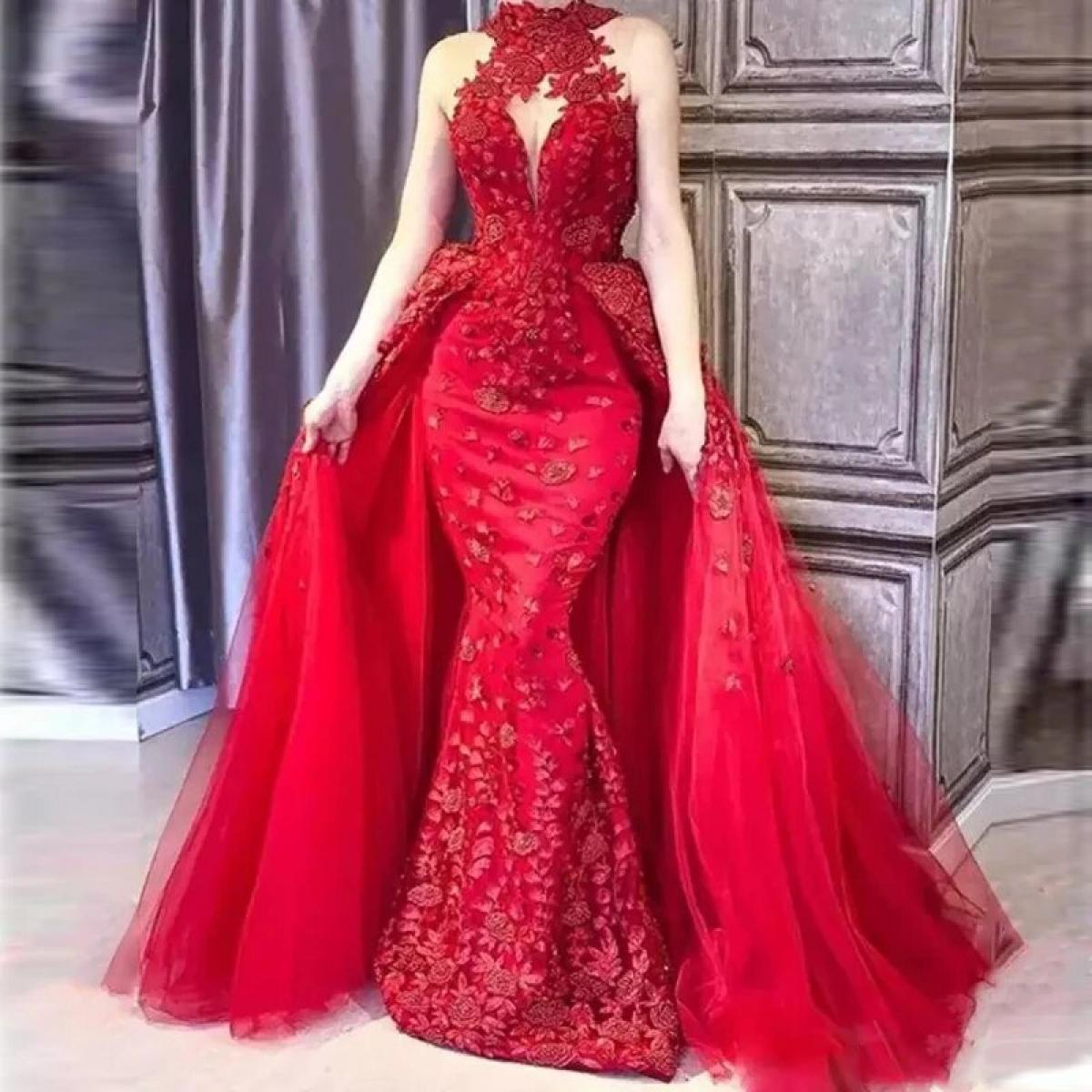 Glamorous Red Detachable Train Evening Gowns High Neck Appliques Beaded Red Carpet Dress Saudi Arabic Dubai Celebrity Pr