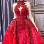 Glamorous Red Detachable Train Evening Gowns High Neck Appliques Beaded Red Carpet Dress Saudi Arabic Dubai Celebrity Pr