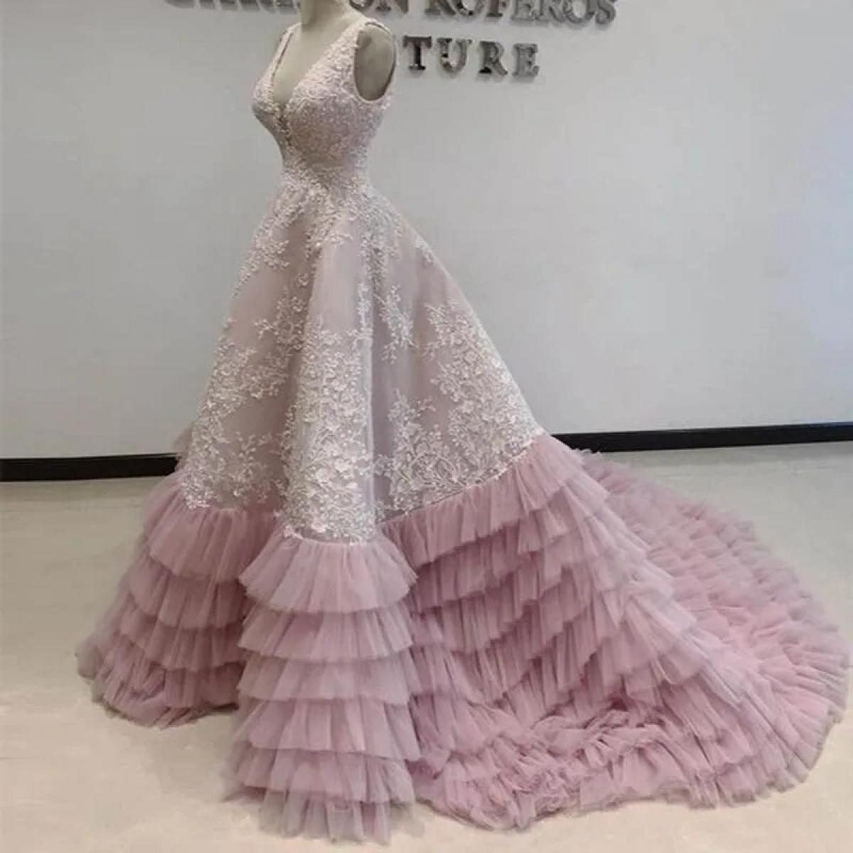 Modest Pink Evening Party Dress V Neck Sleeveless Appliqued Prom Gown Tiered Ruffles Tulle Skirt Robe De Soiree Abendkle