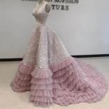 Modest Pink Evening Party Dress V Neck Sleeveless Appliqued Prom Gown Tiered Ruffles Tulle Skirt Robe De Soiree Abendkle