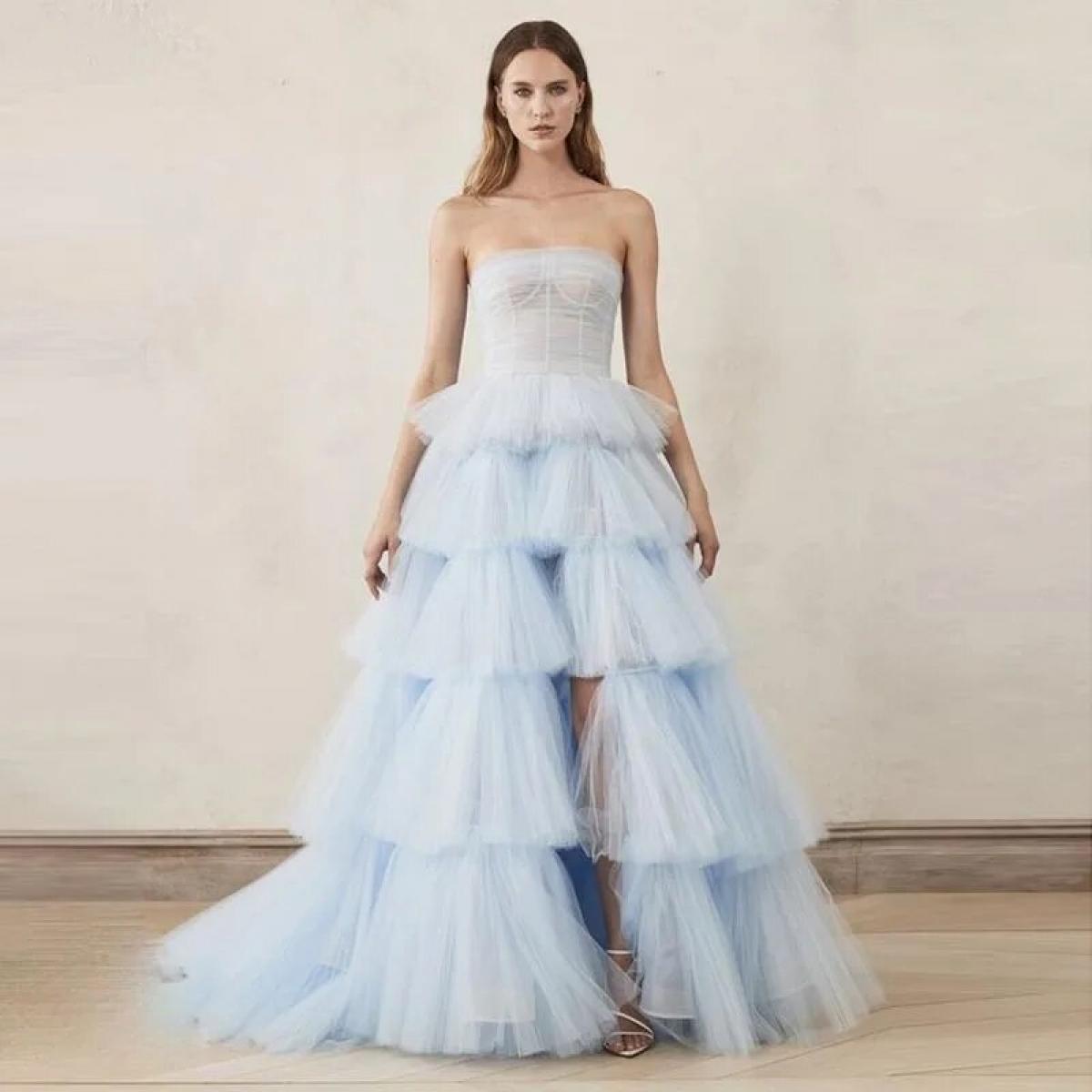 Elegant Baby Blue Women Dress Strapless Tiered Tulle Prom Party Dresses Front Split Vestidos De Noche Bridal Formal Dres
