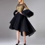 גבוהה נמוכה שמלת ערב קצרה שמלה רשמית חלוק שחור חלוק זהב תחרה קפלים טול שיק שמלות מסיבת נשף abendklei