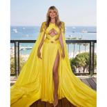 Pretty Bright Yellow Silk Chiffon Prom Party Dresses With Major Beads Chic Cutout Slit Women Formal Dress With Cape Even
