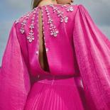 שמלות לנשים אלגנטיות ויפות קפלים ורוד לוהט משי ארוך שמלות מסיבת נשף 2024 ערב פוקסיה בישוף שרוולים