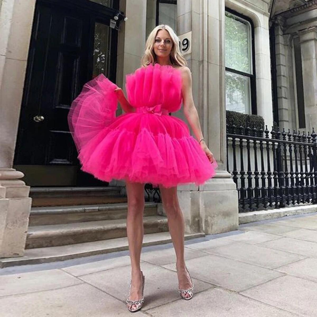 Hot Pink Short Prom Formal Dress Girls Robe De Soiree Above Knee Strapless Puffy Tulle Cocktail Gowns With Sashes Custom