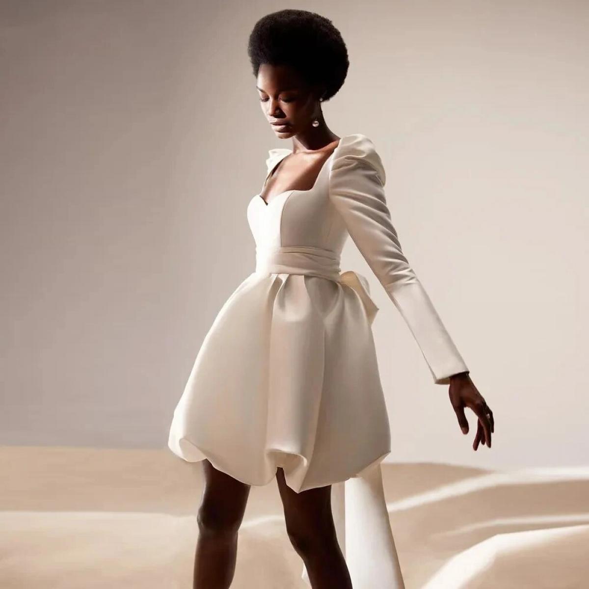 Semplice abito da sposa corto bianco puro con gonna a palloncino staccabile con maniche lunghe mini abiti da festa formali Weddi