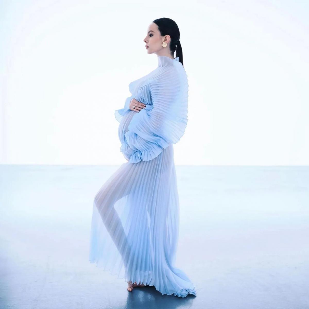 Abiti premaman in organza pieghettata unici per il servizio fotografico See Thru Abito da babyshower azzurro per la festa della