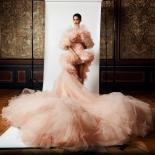 Peach Pink Puffy Tulle Prom Gown High Low Party Dresses With Long Train 2023 Newest Celebrity Formal Occasion Dress Cust