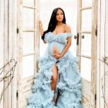 Dusty Blue Bridal Tulle Maternity Dresses For Photo Shoot Off Shoulder Ruffles Maternity Gowns Women Robe Baby Shower Dr