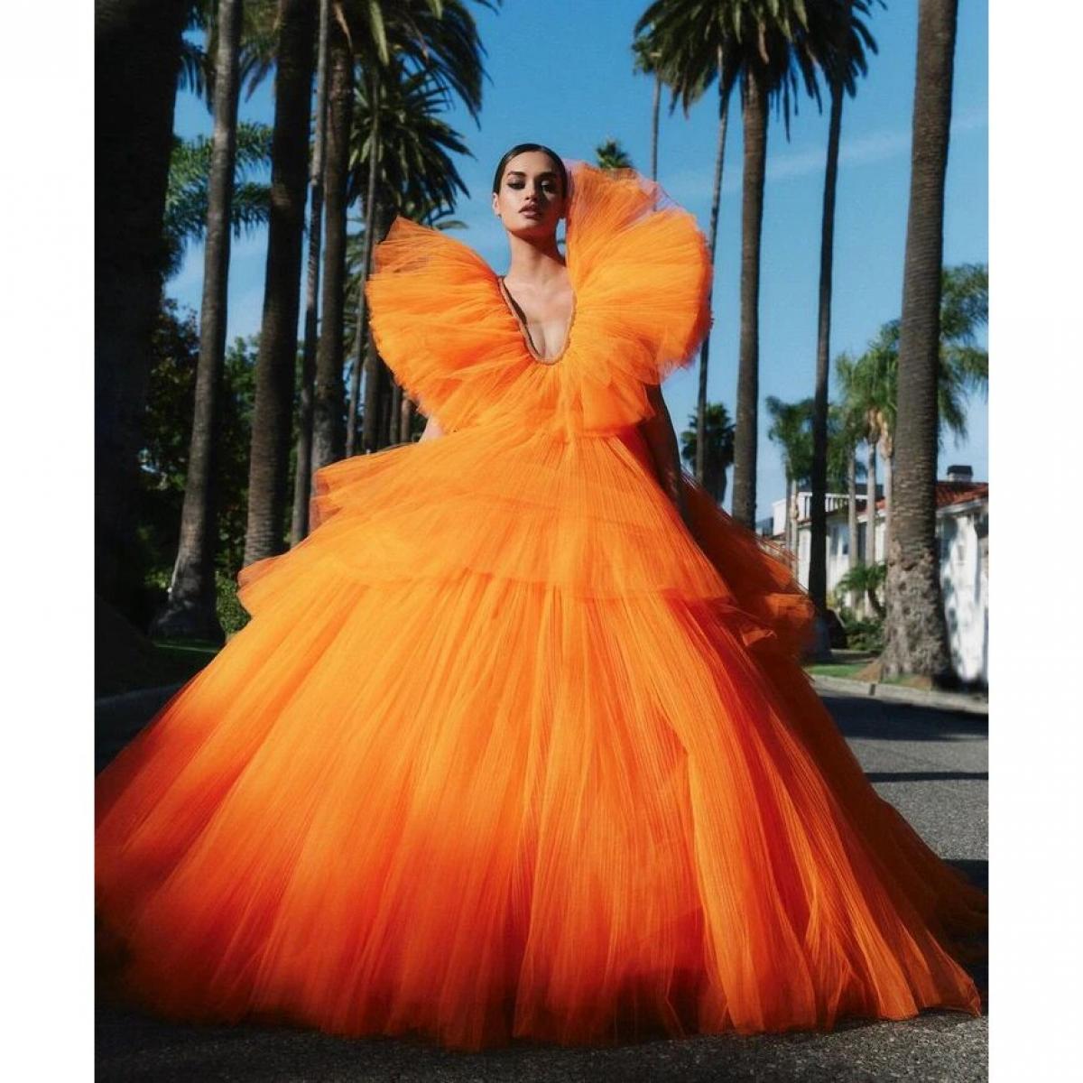 Amazing Puffy Orange Ball Gown Party Dresses 2023 Newest Tiered Ruffle Tulle Formal Occasion Dress Prom Photo Shooting D
