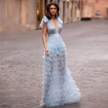 Vestidos Illusion Women Formal Dress  Couture Baby Blue Tiered Tulle Prom Gowns Long Chic Evening Party Dress Robe De So
