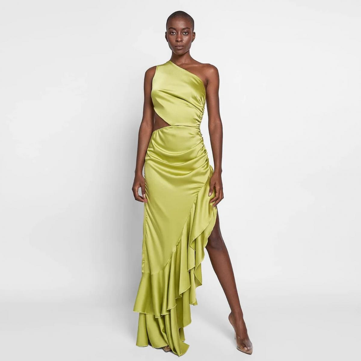 Robe de bal en Satin de soie asymetrique epaule denudee froncee verte irreguliere robes de soiree formelles uniques robes