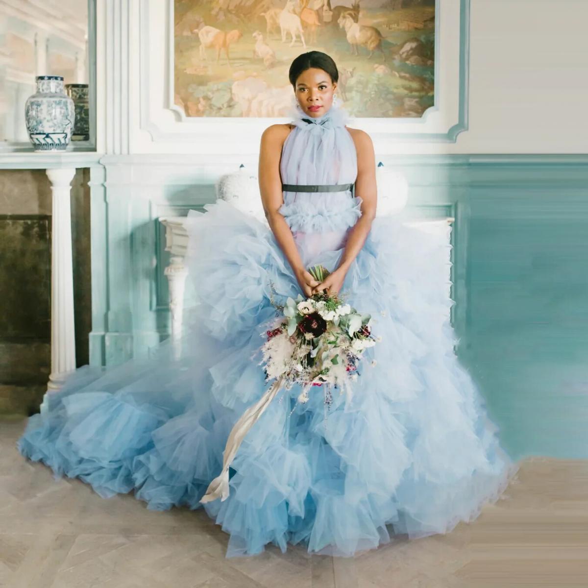 171 51 US Bonito vestido de novia con volantes azules vestidos