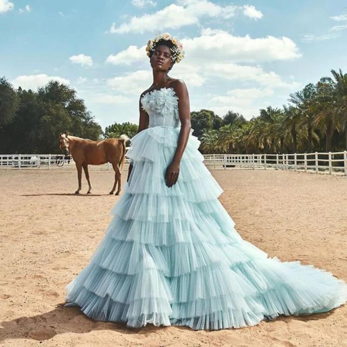 Robe De Soiree Mint Blue Layered Tulle Evening Gown Formal Dress Long Train Ball Gown Ruffled Prom Party Dresses Vestido