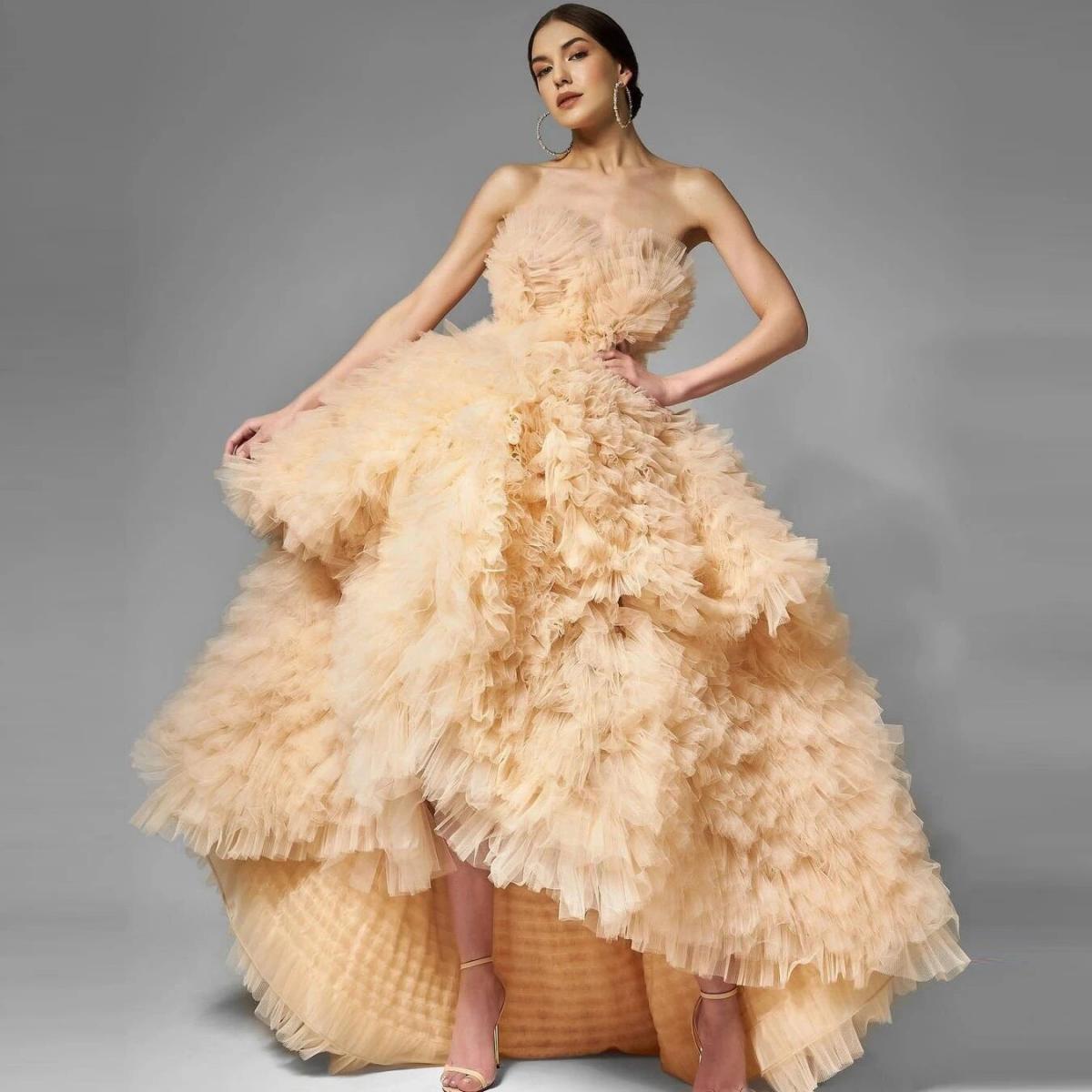 Chic Tiered Tulle Formal Dress Champagne Ruffled Mesh High Low Prom Party Dresses 2023 New Evening Dresses Vestidos De F
