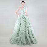 Charming Mint Green Tulle Party Dresses Ruffled One Shoulder Puffy Tiered Mesh Formal Dress Long Prom Gown Vestidos De F