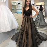 Elegant Black Aline Prom Dresses  Vneck Lace Appliques Sleeveless Party Evening Gown For Women Backless Sweep Train  Pro
