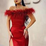 Red Off The Shoulder Prom Dresses  Feathers Boat Neck  Side Split Satin Floor Length Party Evening Gown For Women  Prom 