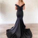 Off The Shoulder Black Mermaid Prom Dresses   Deep Vneck Lace Appliques Satin Formal Party Evening Gown Sweep Train  Pro