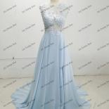 Light Sky Blue Chiffon Prom Dresses 2022 O Neck Lace Elegant A Line Party Evening Gown For Women Floor Length Sweep Trai