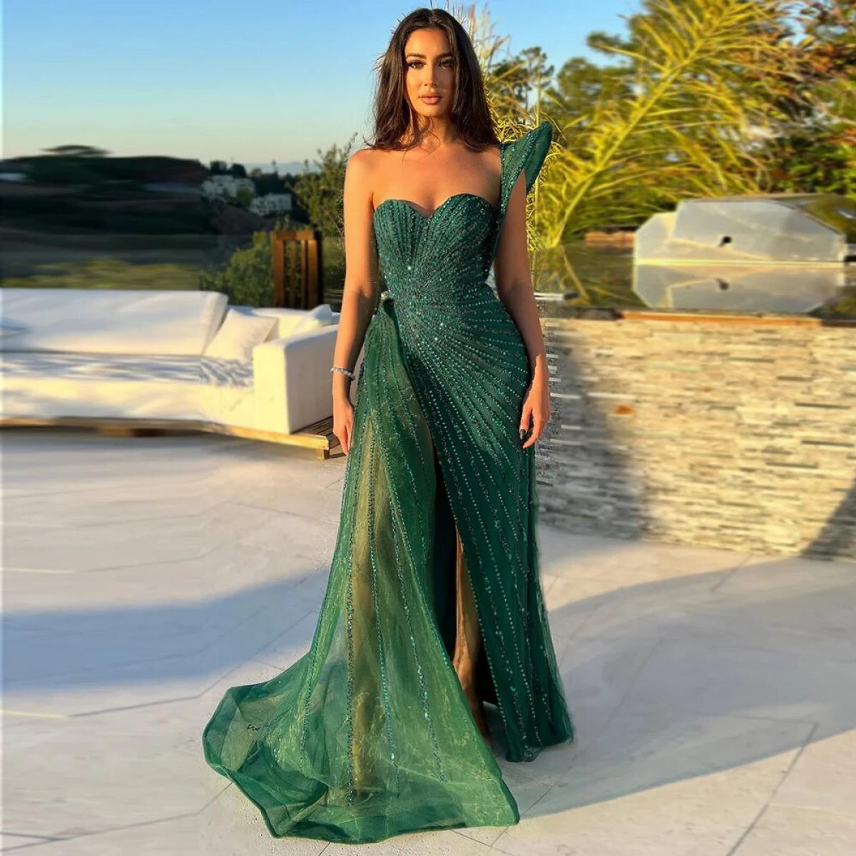 Sharon Said vestidos de noche de sirena de un hombro color verde
