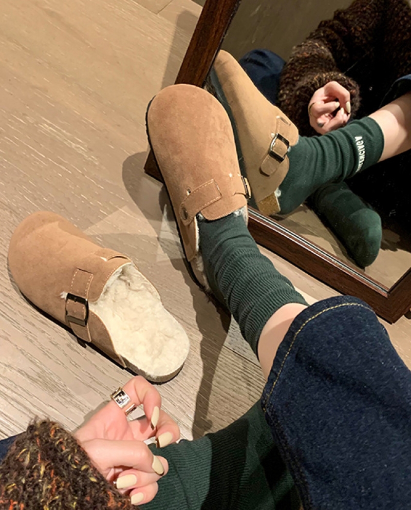 Sanxi Same Style Birkenstock Shoes Slip on Warm Furry Slippers For Women Winter Toe cap Half Slippers Birkenstock Shoe