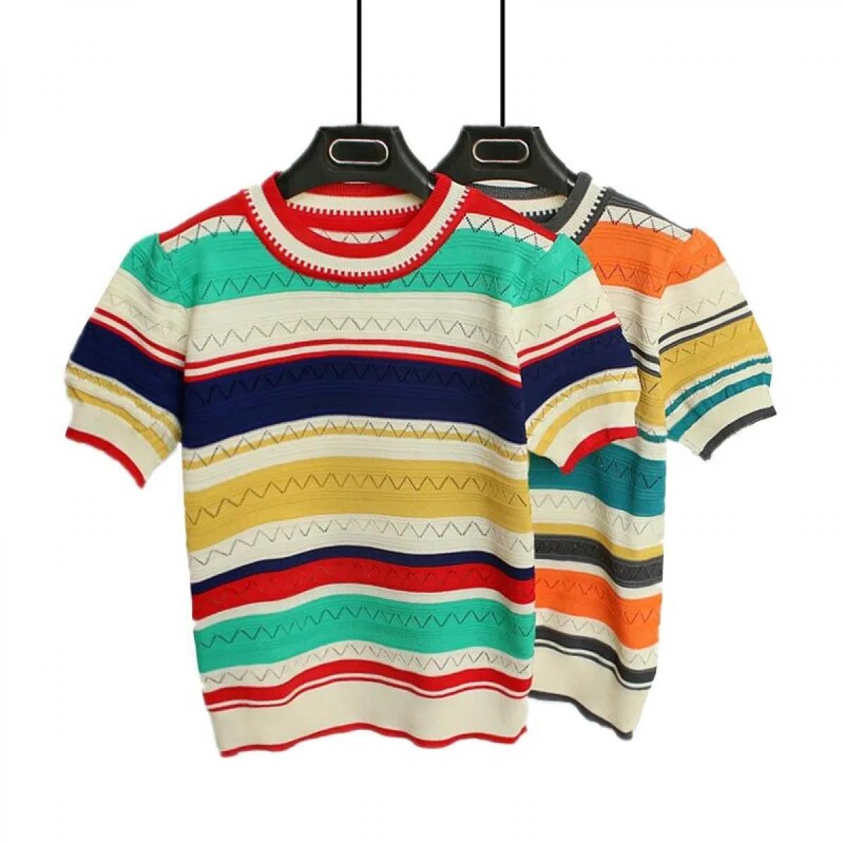 Rainbow Striped Sweater Short Sleeve T Shirt Women's 2023 Summer New Matching Color Crew Neck Top