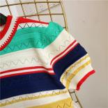 Suéter a rayas de arcoíris para mujer, camiseta de manga corta, Top con cuello redondo de colores combinados, novedad de verano 