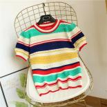 Suéter a rayas de arcoíris para mujer, camiseta de manga corta, Top con cuello redondo de colores combinados, novedad de verano 