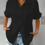 2023 verano Mujer Color sólido cómodo Casual bolsillo con solapa camisa De manga corta Camisas De Mujer