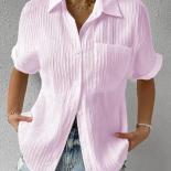 2023 Summer Women's Solid Color Comfortable Casual Lapel Pocket Short Sleeve Shirt Camisas De Mujer