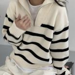  Chic Autumn And Winter Leisure Lapel Zipper Striped Design Loose Long Sleeve Pullover Knitted Sweater Woman