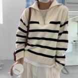  Chic Autumn And Winter Leisure Lapel Zipper Striped Design Loose Long Sleeve Pullover Knitted Sweater Woman