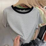 Cotton 2023 Color Matching Striped Short Sleeve T Shirt Women Summer New  Slim Shirt Y2k Top
