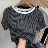 Cotton 2023 Color Matching Striped Short Sleeve T Shirt Women Summer New  Slim Shirt Y2k Top