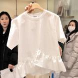 2023 New Women  Women Round Neck Peplum Stitching Short Sleeve T Shirt Female Irregular T Shirt