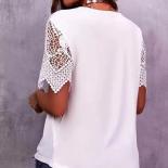 2023 Women's T Shirt Lace Stitching Loose V Neck Short Sleeved T Shirt Harajuku Y2k