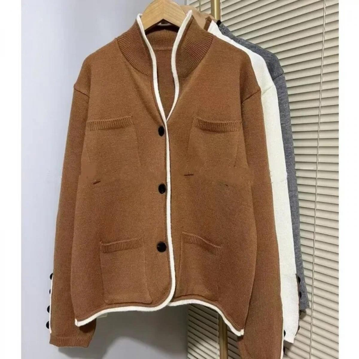 Sweater Autumn Winter 2024 Women's Stand Up Collar Cardigan Casual Knit Tops  Plus Size Female Jacket