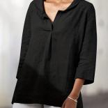 Blusa informal de algodón y lino con solapa, media manga, básica, Color sólido, manga larga, Blusas para Mujer 2024