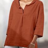 Blusa informal de algodón y lino con solapa, media manga, básica, Color sólido, manga larga, Blusas para Mujer 2024