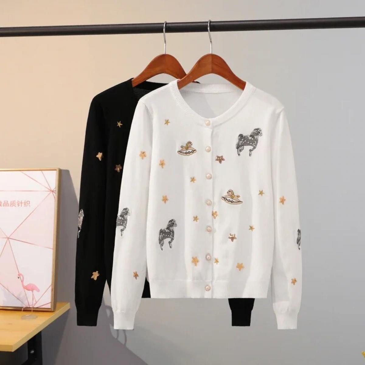 Casual Style Cardigan Fall New Embroidered Needle Knit Women Sweater Jacket Tops Cardigans
