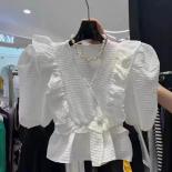 2023 Summer New Temperament Flanged V Neck Bubble Sleeve Shirt Women Waist Collection Slim Top