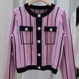 2023 New Bow Buckle Letter Embroidery Hollowed Out Round Neck Knitted Cardigan Loose Top For Women's Autumn