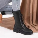 New Mid Calf Boots Lace Up Women's Shoes Autumn Winter Fashion Zipper Black Platform Heel Elastic Motorcycle Retro Punk 