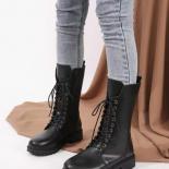 New Mid Calf Boots Lace Up Women's Shoes Autumn Winter Fashion Zipper Black Platform Heel Elastic Motorcycle Retro Punk 