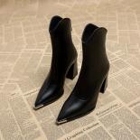 عرض ساخن لعام 2024 حذاء نسائي جديد مدبب من الكاحل بسحاب خلفي قصير بوتاس أنيق بكعب عالي للشتاء للنساء