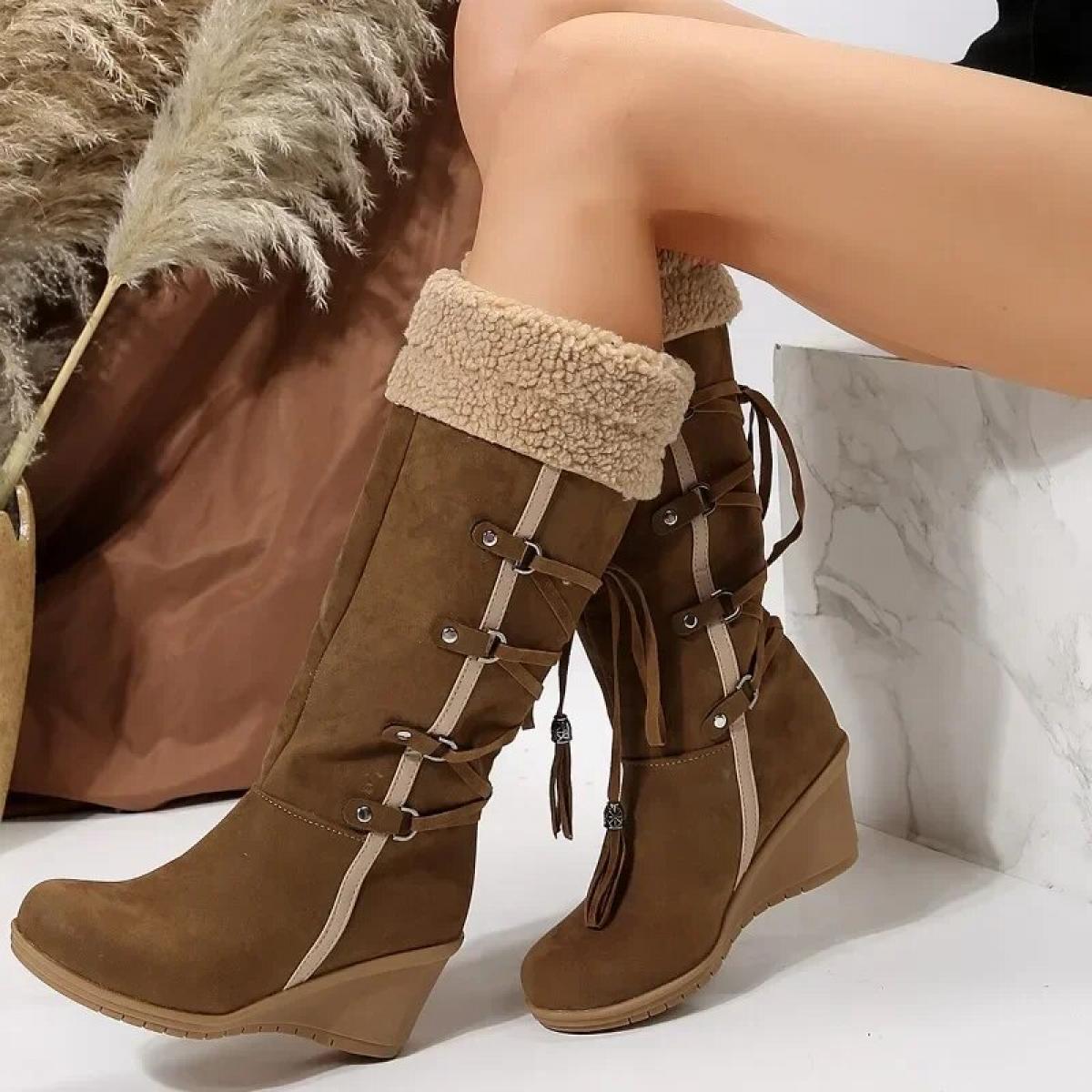 US 40.81 2024 Fashion Winter Modern Boots Mid Calf Ethnic Lacing Round Toe High Heels Slope Heels Velvet Women s Boots Botas De M Description
