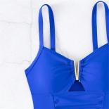  Blue Ruched Swim Wear Women One Piece Swimsuits 2024 V Neck Bodysuit Bathing Suit Bather Swiming Suits  Swimwear